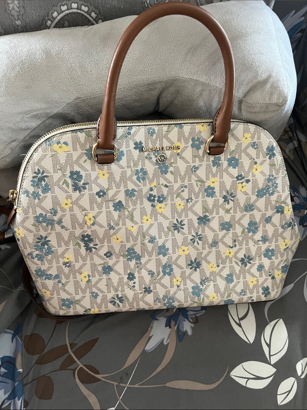 Michael Kors handbag Cream Floral pink with Brown Handles and Gold Hardware.